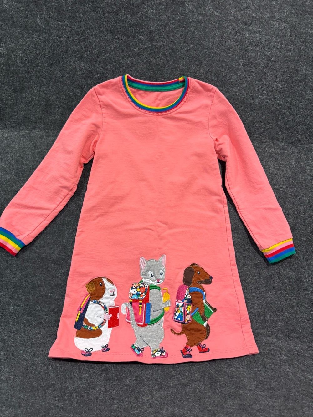 Girls Pink Long Sleeve Dress with Animal Backpack Appliqués